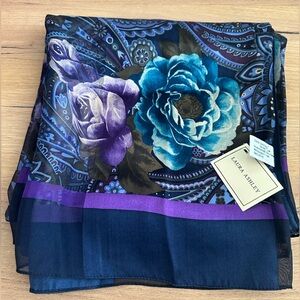 Vintage Laura Ashley Navy Silk Scarf with Teal & Purple Floral Paisley - NWT